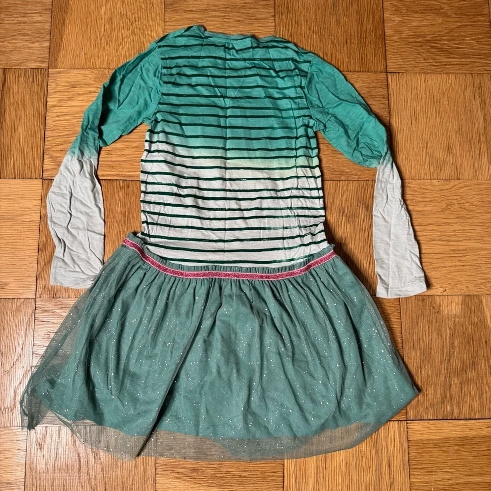 Desigual Girls Kids Dress Teal Green Striped Tulle Skirt Sparkles Long Sleeve